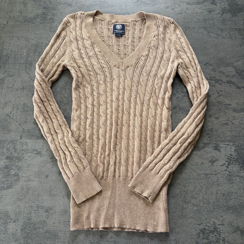 Y2K Vintage American Eagle Light Brown Cable Knit V-Neck Sweater Sz L Bella Swan